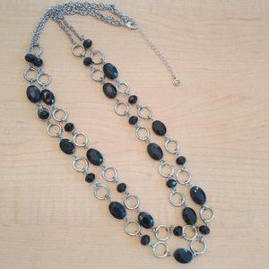 1946 Double Strand Silver Tone with Faceted Black Beads Necklace